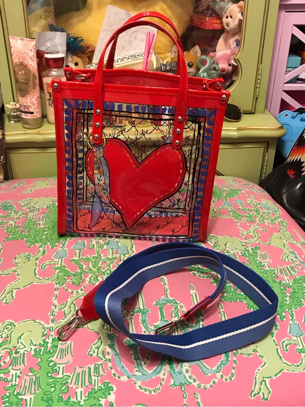 Brighton Striped Love Clear Vinyl Tote Bag Crossbody Red Heart Stadium